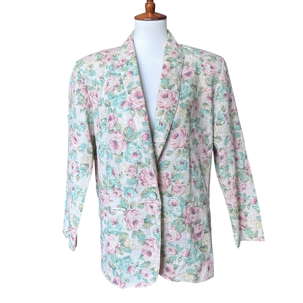 Vintage Blazer Women 8 Floral Linen Blend Cottagecore Rose Print Union Made USA